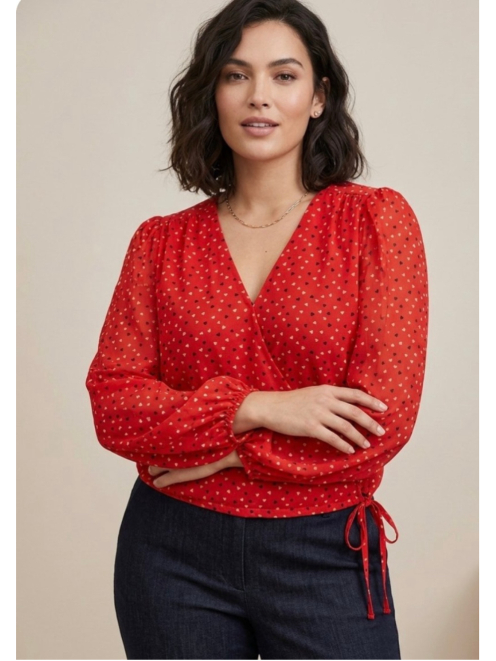 Banana Republic Chiffon Heart Print Faux Wrap Top Elastic Waist Blouse S 2043